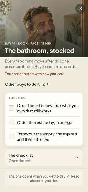 A Look move, The bathroom, stocked: 12 minutes, the reason in one line, three steps and a checklist.
