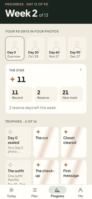 Progress: week 2 of 13, the four photo checkpoints, the star count and trophies.