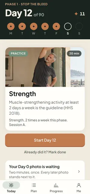 Today: Day 12 of 90, the week in stars, a 20-minute strength session.